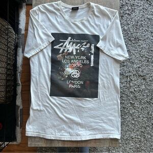 Stussy White and Black Graphic Tee